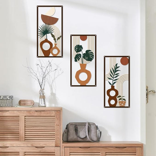 ShxTrade Boho Metal Wall Art Set of 3, Minimalist Botanical Wall Decor with Vase & Plant Silhouettes,Geometric Modern Mid Century Modern Artwork Art for Living Room Bedroom Bathroom Office