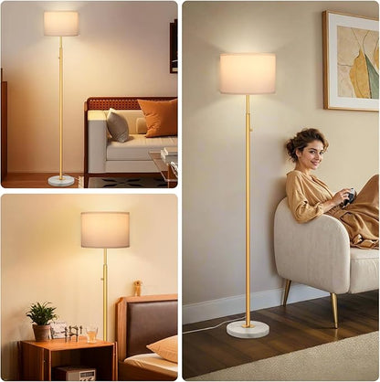 Gold Marble Floor Lamp, Dimmable 63.7" Tall Pole Standing Lamp with White Linen Shade, Modern Floor Lamp for Living Room Bedroom Office, Stepless Dimming, LED Bulb Included