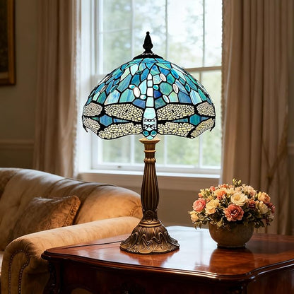 ARTZONE Tiffany Table Lamp[W12''xH20''], Tiffany Table Lights Antique Stained Glass Bedside Table Lamp for Bedside/Desk Reading/Living Room/Home Office/Bedroom(Dragonfly)
