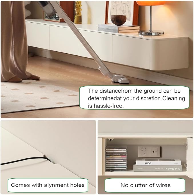 Floating TV Stand Large Floating TV Shelves Wall Mounted Multi Storage Compartment TV Media Console Floating TV Cabinet Bench Under TV Large Storage (White-brown With Led, 102.4 * 7.9 * 9.4 IN)