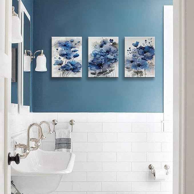 Blue Flowers Canvas Wall Art for Bedroom Home Decor - Artwork for Wall, Abstract Floral Wall Decor Print -Bathroom, Living Room, Kitchen Decor - Ready to Hang 3 Patchwork, 12x16inchx3pcs