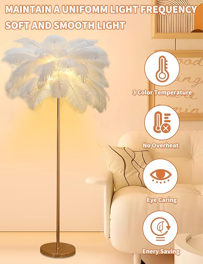 Feather Floor Lamp,Fluffy Ostrich Feather Floor Lamp for Bedroom,3 Color Temperatures Led Corner Modern Floor Lamps for Living Room Christmas Home Decor House Warming Gifts,63″ Height (White)