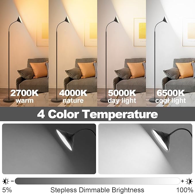 mukuxin 76" LED Floor Lamp, 18W/1800LM Super Bright Reading Standing Lamp,Stepless Dimmable&Adjustable Color Temperature 2700K-6500K w/Remote& Touch Control Lamps for Living Room Bedroom Office Black