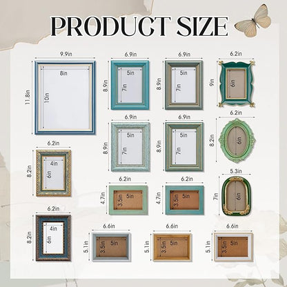Kathfly 15 Pack Vintage Picture Frames for Wall or Tabletop Display Ornate French Country Frames Vintage Farmhouse Decor Antique Wall Art Set for Gallery Bedroom Living Room Decor (Blue-green Family)