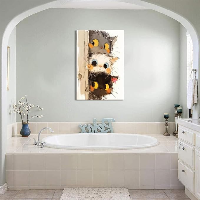 Cute Little Kitten Canvas Wall Art Funny Cartoon Cat Wall Decor Picture Three Peeping Kittens Poster Print for Kids Room Bathroom Dining Room Nursery Cat Lovers Painting Artwork Home Decoration