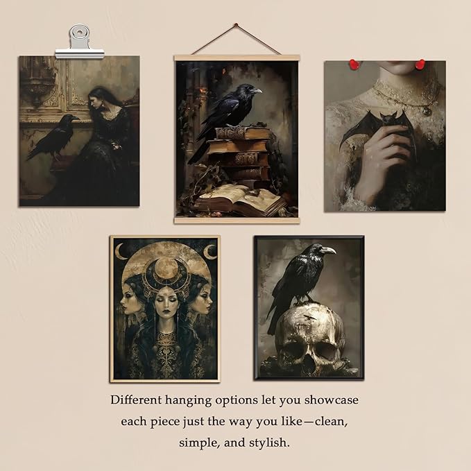 XYHYRA Vintage Gothic Wall Art Set of 6, Dark Academia Witchy Posters, Victorian Raven & Skull Prints, Halloween Home Decor for Living Room Bedroom Bathroom 8x10 Inch Unframed