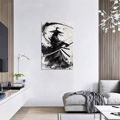 Japanese Samurai Wall Art Black and White Warrior Wall Decor Prints Vintage Japanese Cultural Samurai Pictures Canvas Painting Framed for Living Room Bathroom Bedroom Office (12''W x 16''H)