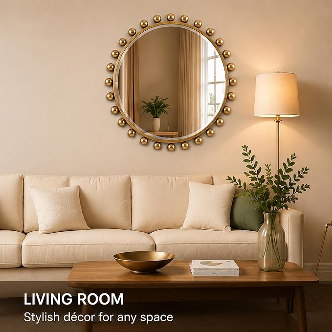 30 Inch Round Wall Mirror with Antique Gold Ball Frame, Beveled Decorative Round Accent Mirror, Vintage Gold Sunburst Style Mirror for Bedroom, Living Room, Entryway, Hallway & Wall Decor