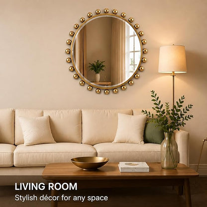 30 Inch Round Wall Mirror with Antique Gold Ball Frame, Beveled Decorative Round Accent Mirror, Vintage Gold Sunburst Style Mirror for Bedroom, Living Room, Entryway, Hallway & Wall Decor