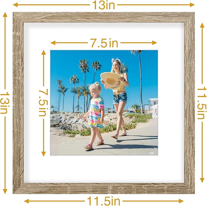 Vittanly 12x12 Picture Frames Set of 9, Display 8x8 Pictures with Mat or 12x12 without Mat, Photo Frames for Wall Mount, Engineered Wood, Light Wood