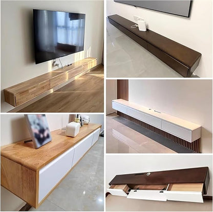 Modern Wall-Mounted Wooden TV Cabinet, Stylish Storage Shelf with Drawers & Cable Management, White Entertainment Center, 140x24x20 cm Media Console Table