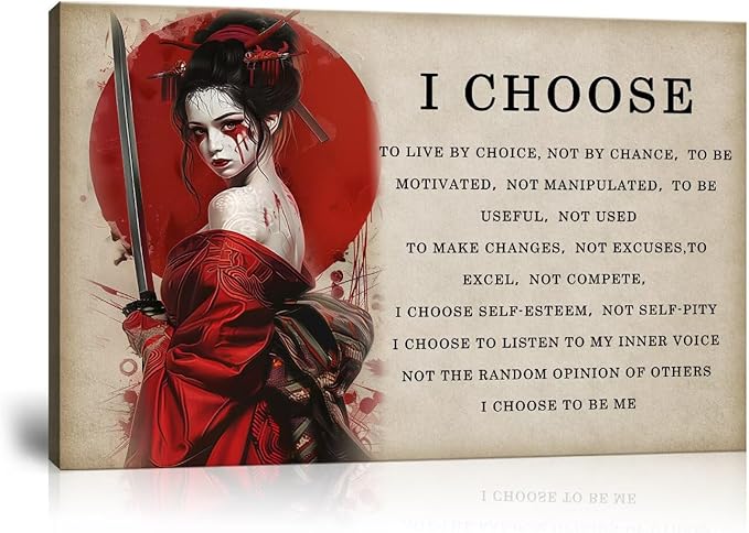 Motivational Japanese Samurai Canvas Wall Art Prints Women Red Moon Wall Decor Painting Inspirational Quotes I Choose Poster Framed for Office Living Room Gym Framed (12''W x 16''H)