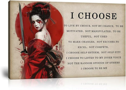 Motivational Japanese Samurai Canvas Wall Art Prints Women Red Moon Wall Decor Painting Inspirational Quotes I Choose Poster Framed for Office Living Room Gym Framed (18''W x 24''H)