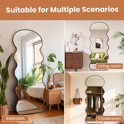 WTTY 71x28 Wavy Full Length Mirror with Stand for Bedroom, Living Room, Cloakroom, Shatterproof, Aluminum Frame