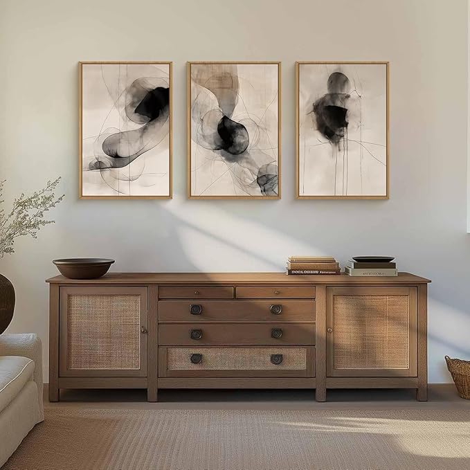 HPNIUB Beige Abstract Modern Framed Wall Art Set,Neutral Black Ink Line Wall Decor,Boho Geometric Line Art Print,Watercolor Minimalist Textured Brown Artwork for Living Room, Bedroom,Office-24 x36 x3