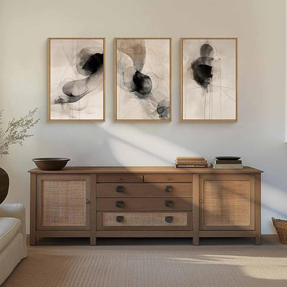 HPNIUB Beige Abstract Modern Framed Wall Art Set,Neutral Black Ink Line Wall Decor,Boho Geometric Line Art Print,Watercolor Minimalist Textured Brown Artwork for Living Room, Bedroom,Office-24 x36 x3