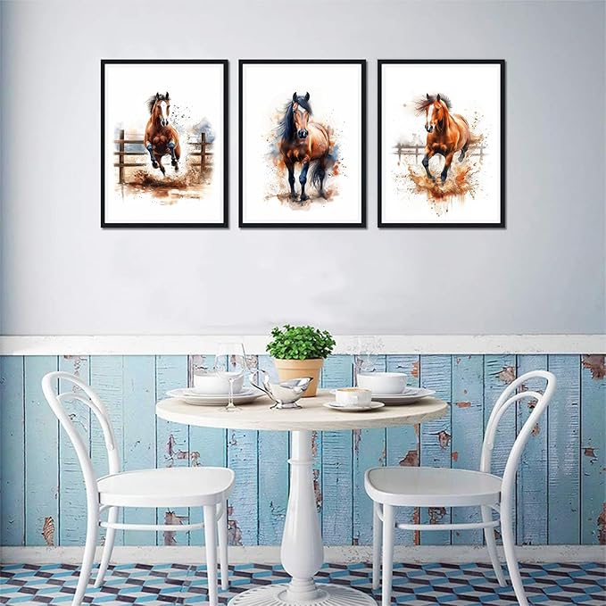 3 Plane Farmhouse Horse Framed Canvas Wall Art Running Horses Decor for Country House Apartment Living Room Watercolor Vintage Animal Portrait Print Artwork Wall Decor Easy to Hand 12x16inchx3pcs