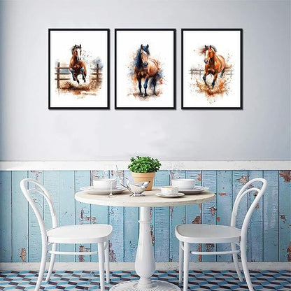 3 Plane Farmhouse Horse Framed Canvas Wall Art Running Horses Decor for Country House Apartment Living Room Watercolor Vintage Animal Portrait Print Artwork Wall Decor Easy to Hand 12x16inchx3pcs