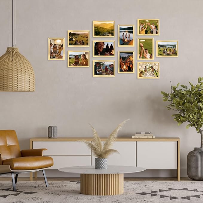 Hoikwo 14 Packs 5x7 Gold Multi Plastic Picture Frames Set with Plastic Cover for Family Photos, Artwork, Light Weight Bulk 5 by 7 Frames Packs for Wall Hanging and Table, Stylish Picture Frames
