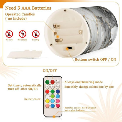 ALAZA Grey Gold Marble Flickering Flameless Candles Battery Operated with Remote Timer,Tea Light Candles LED Pillar Votive Candles Set of 2 for Outdoor
