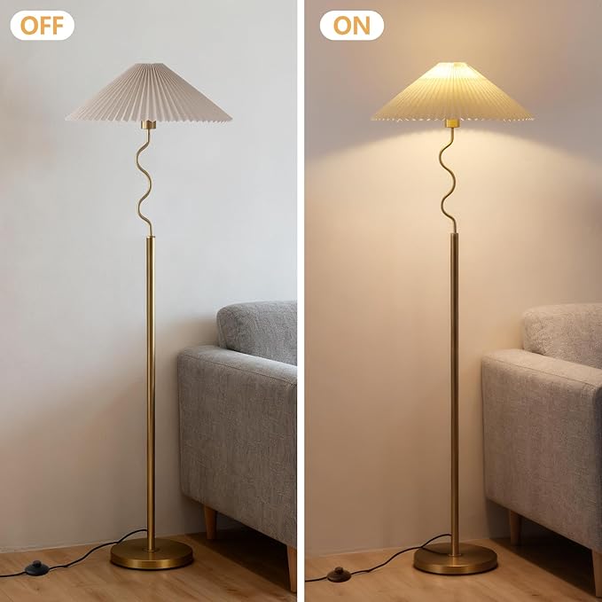 Modern Floor Lamp with 3 Color Temperatures, Foot Switch Standing Lamps for Living Room,Tall LED Standing Lamps for Living Room, Bedroom, Office, Beige Pleated Shade, 9W Bulb Included, Gold