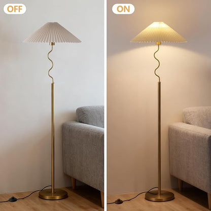 Modern Floor Lamp with 3 Color Temperatures, Foot Switch Standing Lamps for Living Room,Tall LED Standing Lamps for Living Room, Bedroom, Office, Beige Pleated Shade, 9W Bulb Included, Gold