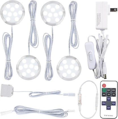 LED Closet Light Kit, Kitchen Under Cabinet Accent Lighting, 120V Plugged in Wired Puck Lights, Smart Remote Dimmable, 4-Way Parallel Octopus Connection, 4 Lights, Cool White
