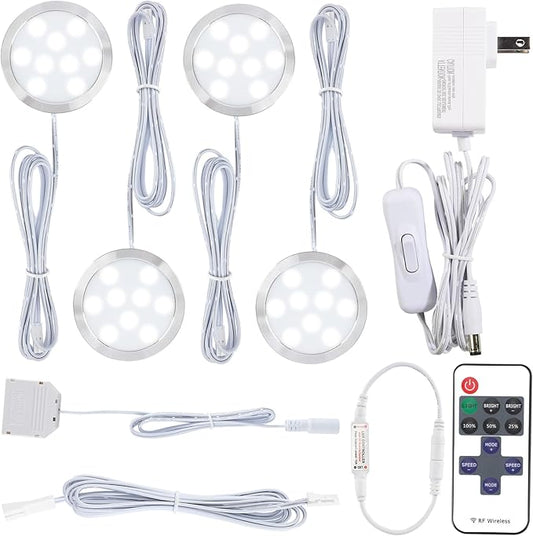 LED Closet Light Kit, Kitchen Under Cabinet Accent Lighting, 120V Plugged in Wired Puck Lights, Smart Remote Dimmable, 4-Way Parallel Octopus Connection, 4 Lights, Cool White
