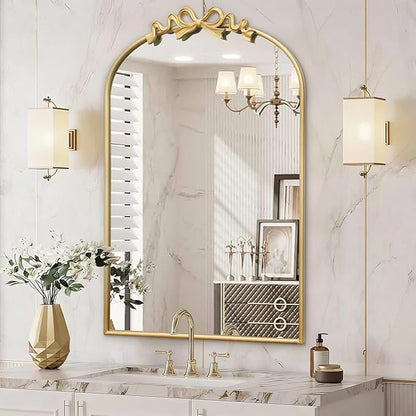 Besdomus Vintage Arched Gold Mirror: 24"x36" Large Gold Antique Bow Wall Mounted Mirror - Baroque Traditional Ornate for Entryway/Fireplace/Bathroom/Hallway - Wall Decor for Housewife
