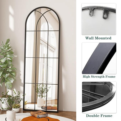 65"x 22" Arched Full Length Window Wall Mirror,Winndow Pane Mirror, Farmhouse Arched-Top Mirror with Metal Framed, Rustic Decorative Mirrors - Black