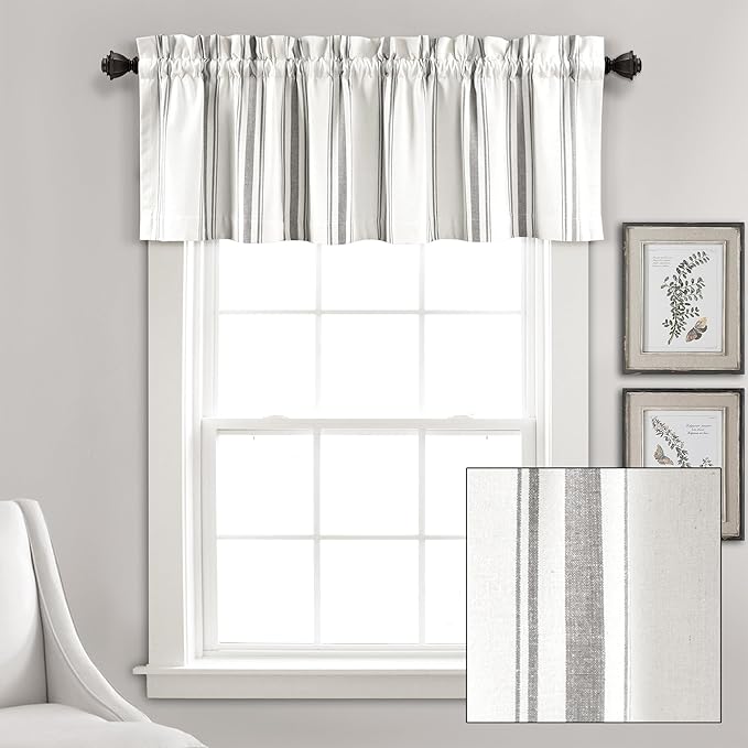 Lush Decor Farmhouse Stripe Yarn Dyed Recycled Cotton Window Curtain Valance, 18" L x 52" W, Gray - Classic Modern Rustic Charm - Eco Friendly Cotton Fabric