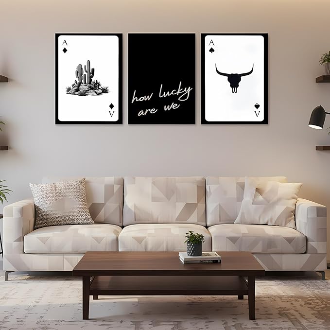 Yxjyzzkx 3-Piece Western Playing Card Wall Art Canvas Set, Black and White Cowboy Aesthetic Wall Decor, Ace of Spades Longhorn Minimalist Quote Canvas Prints for Living Room Bedroom Office