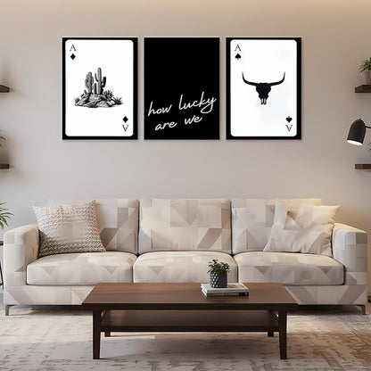 Yxjyzzkx 3-Piece Western Playing Card Wall Art Canvas Set, Black and White Cowboy Aesthetic Wall Decor, Ace of Spades Longhorn Minimalist Quote Canvas Prints for Living Room Bedroom Office