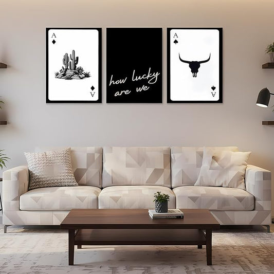 Yxjyzzkx 3-Piece Western Playing Card Wall Art Canvas Set, Black and White Cowboy Aesthetic Wall Decor, Ace of Spades Longhorn Minimalist Quote Canvas Prints for Living Room Bedroom Office