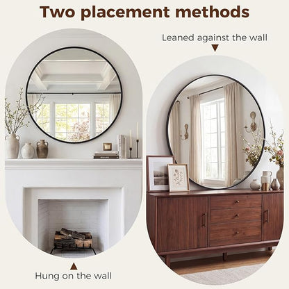 NEWBULIG 30 Inch Round Wall Mirror, Bathroom Mirror for Over Sink, Matte Metal Framed Circle Vanity Mirror, Wall Decor for Bedroom, Anti-Rust, Tempered Glass, Hanging or Leaning, Classic Black