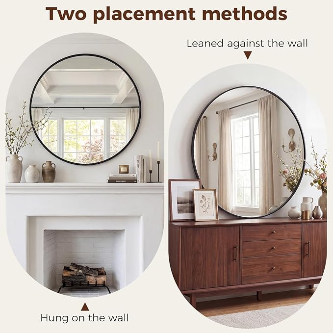 NEWBULIG 24 Inch Round Wall Mirror, Bathroom Mirror for Over Sink, Matte Metal Framed Circle Vanity Mirror, Wall Decor for Bedroom, Anti-Rust, Tempered Glass, Hanging or Leaning, Classic Black