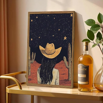 Framed Boho Western Cowboy and Cowgirl Wall Art Set of 2, Vintage Southwestern Desert Starry Sky Cactus Pictures Wall Decor, Rustic Farmhouse Paintings Canvas Prints for Living Room Bedroom 12x16 inch