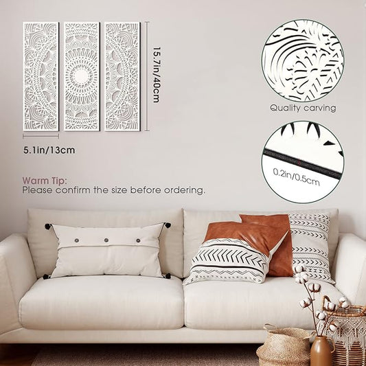 Blulu 3pcs Mandala Wall Art Carved Wood Wall Art Floral Aesthetic Wooden Plaque Set Wood Carving Decor Farmhouse Modern Cutout Plaque for Home Bathroom Decoration(15.8 x 5.1 Inch,White)