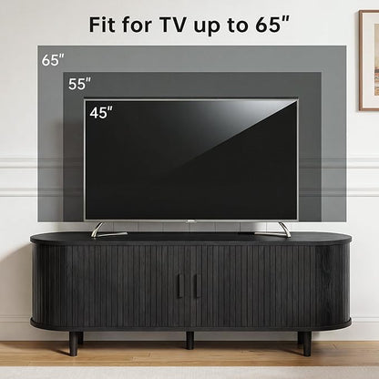 58" Mid Century Modern TV Stand, Wood TV Consoles with Sliding Doors and Power Outlet, Fluted Entertainment Center with Adjustable Shelves, Media Console for Living Room, Black