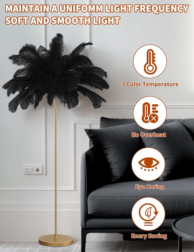 Feather Floor Lamp,Fluffy Ostrich Feather Floor Lamp for Bedroom,3 Color Temperatures Led Corner Modern Floor Lamps for Living Room Christmas Home Decor House Warming Gifts,63″ Height (Black)
