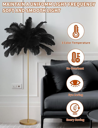 Feather Floor Lamp,Fluffy Ostrich Feather Floor Lamp for Bedroom,3 Color Temperatures Led Corner Modern Floor Lamps for Living Room Christmas Home Decor House Warming Gifts,63″ Height (Black)