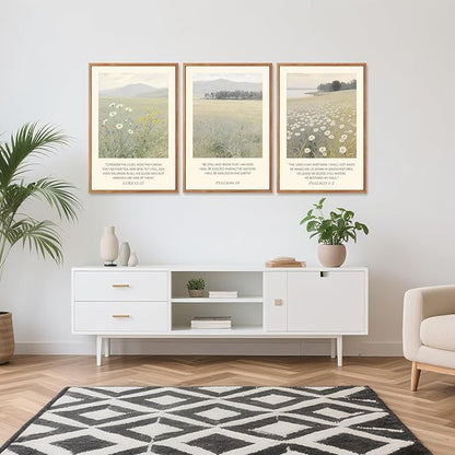 Aurlan Christian Bible Verses Scripture Framed Wall Art(16"x24"), 3PCS Boho Wildflowers Landscape Nature Canvas Artwork, Religious Luke12:27 Psalm46:10 Psalm23:1-2 Jesus Faith Gift Decor for Home Office Bedroom