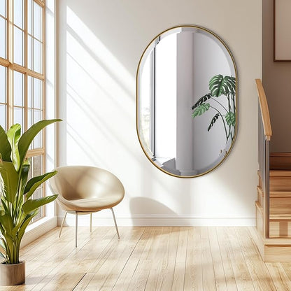 POZINO Modern Oval Beveled Mirror, 24"x36" Brushed Gold Bathroom Vanity Mirror Over Sink, Pill Shaped Capsule Wall Mounted Mirrors for Living Room Bedroom Entryway, Hangs Vertically or Horizontally