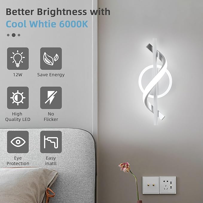 EIDISUNY LED Wall Sconces Indoor, 12W LED Wall Lights, Modern Spiral Wall Lamp, 6000K Cold White Wall Mount Light Fixture for Stairs Living Room Bedroom Aisle Hallway (Cool White, White)