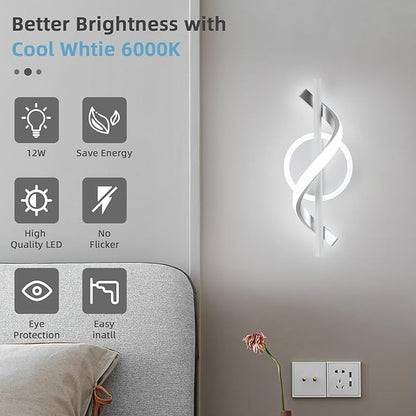 EIDISUNY LED Wall Sconces Indoor, 12W LED Wall Lights, Modern Spiral Wall Lamp, 6000K Cold White Wall Mount Light Fixture for Stairs Living Room Bedroom Aisle Hallway (Cool White, White)
