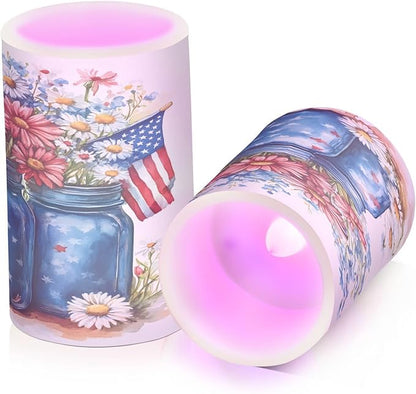 Patriotic Red Blue Flowers Vase American Flag5 Flickering Flameless Candles Battery Operated with Remote Timer,Tea Light Candles LED Pillar Votive Candles set of 2 for Outdoor Indoor Decorations