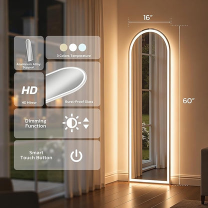 Arched Full Length Mirror with LED Lights, 60"x16" LED Floor Mirror with Stand, Body Floor Mirrors with Dimming & 3 Color Lighting, Wall Mounted LED Mirrors for Bedroom, Dressing Room, Cloakroom