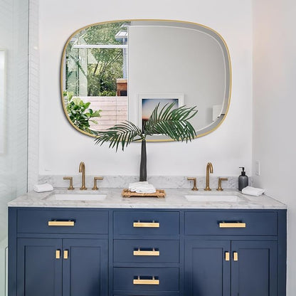POZINO Bathroom Beveled Mirror, 24"x32" Brushed Gold Vanity Mirrors for Over Sink, Modern Rectangle Aesthetic Wall Mirror in Premium Stainless Steel Frame, Horizontal or Vertical Hanging
