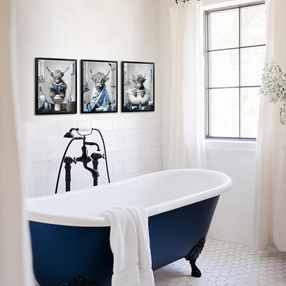 sechars Highland Cow Bathroom Wall Art 3 Piece Funny Bathroom Pictures Canvas Print Grey and Blue Decor (Blue)