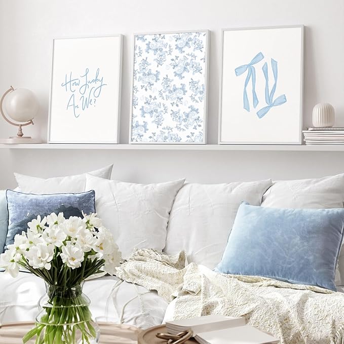 Baccone Blue Bow Wall Art Floral Canvas Wall Decor Coquette Flower Wall Art Trendy Aesthetic Poster Girly Preppy Pictures Blue Floral Prints for Living Room Bathroom 16x24 Inch Unframed Set of 3